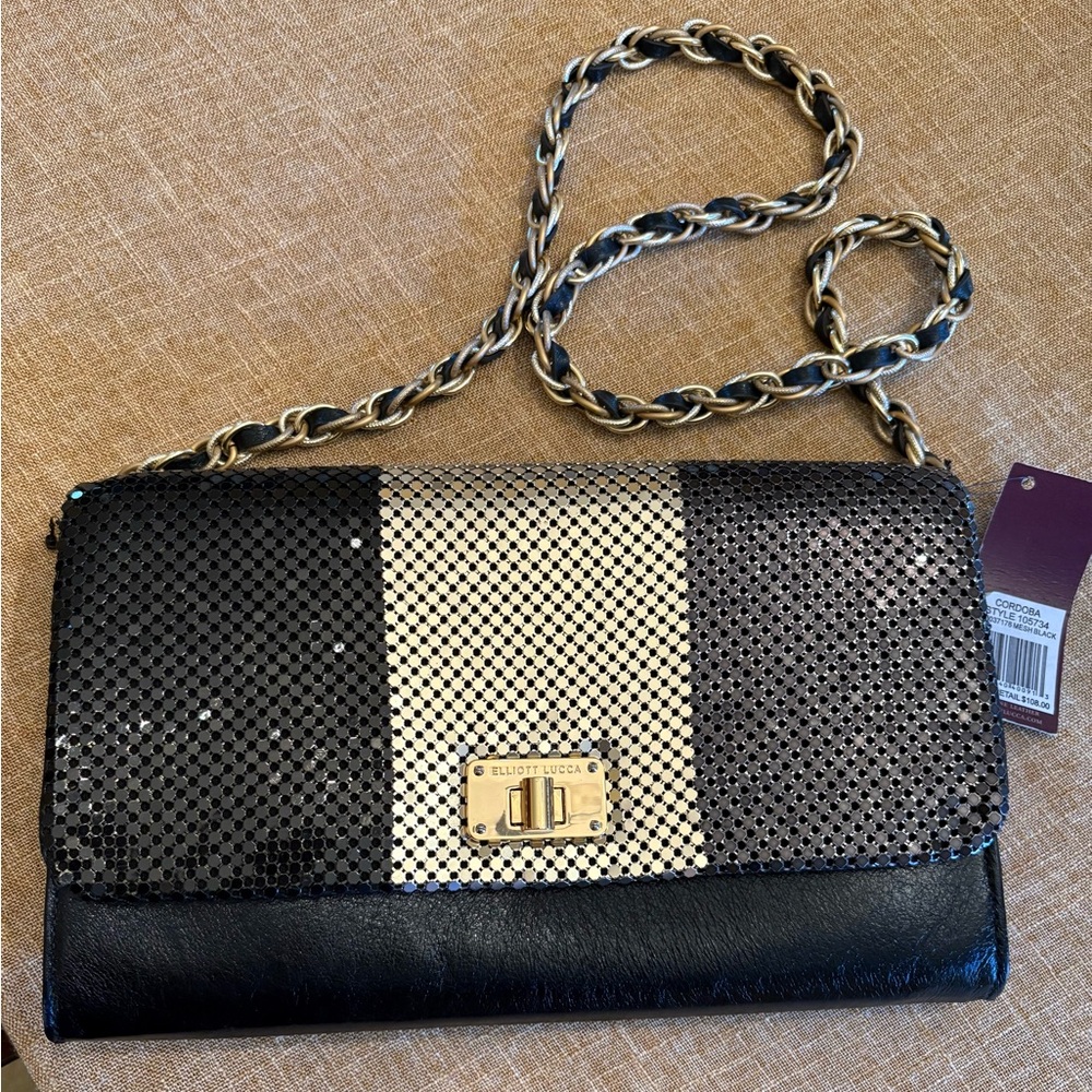 Elliot Lucca Black Leather Clutch or Shoulder Bag w Mesh Front NWT NOS